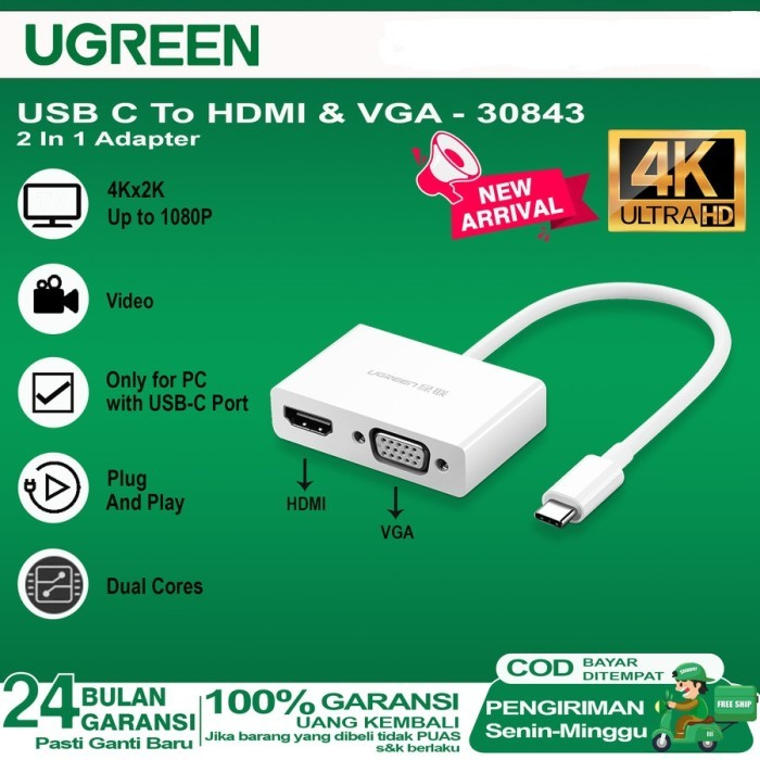 UGREEN Converter USB Type C To HDMI Dan VGA Adapter 2IN1 30843