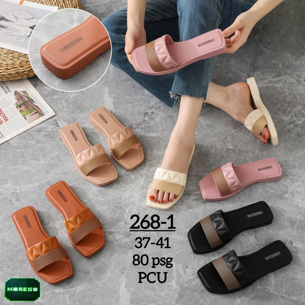 Sandal Selop Flat Wanita Kerut Segitiga Modern