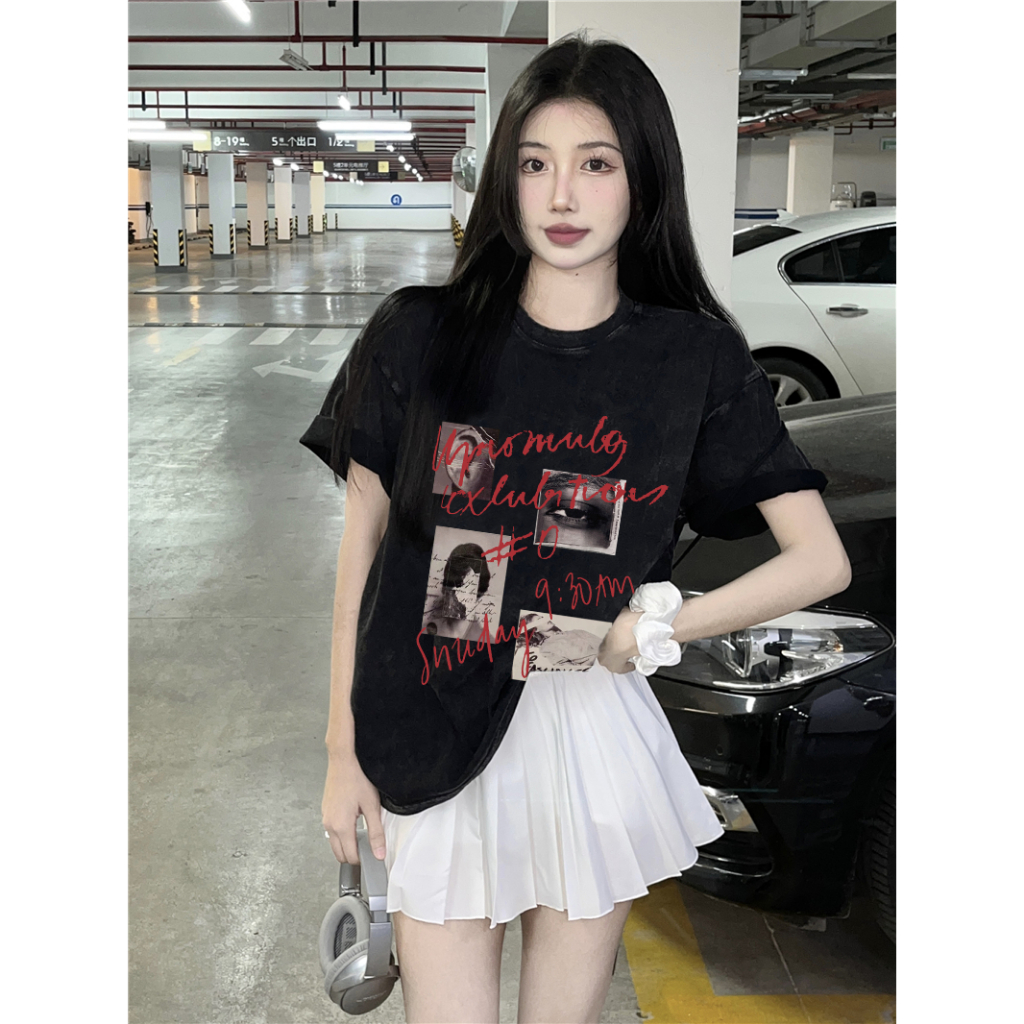 XIAOZHAINV Korean Style Red Letters Pattern Washed Printing Kaos Wanita A0542/Atasan Wanita Terbaru