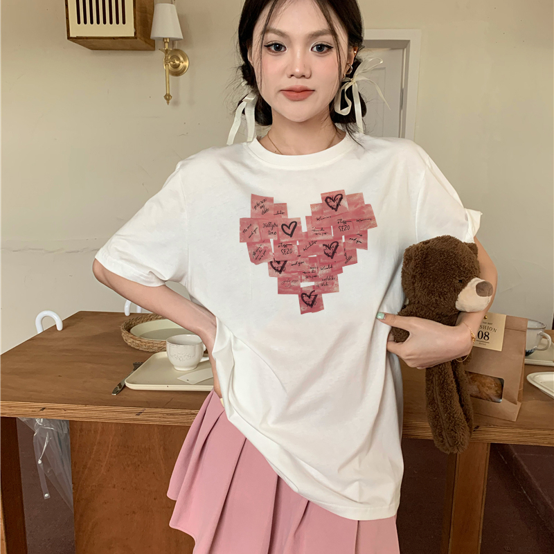 Print T-shirt Kaos Lengan Pendek Cartoon Stamp Heart Printing Oversize Atasan Wanita Korean Style