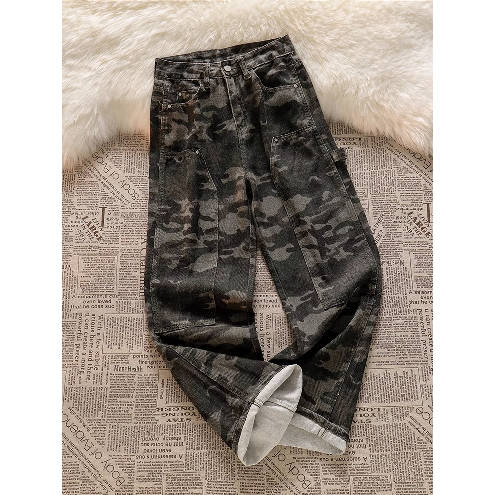 Korea Kamuflase Highwaist Straight Loose Celana Jeans Wanita Terbaru