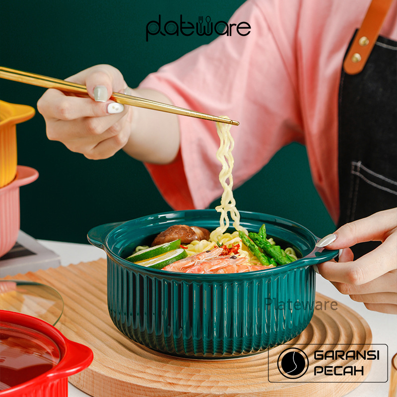 Mangkok Keramik Mangkok Bakso Dan Indomie Tutup Kaca Crown Tahan Panas Microwave Safe