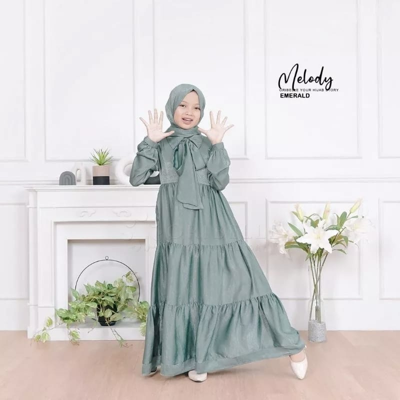 Baju Anak Perempuan Terbaru Melody Dress Kids Gamis Anak Umur 10-13 Tahun Bahan Santorini Silk