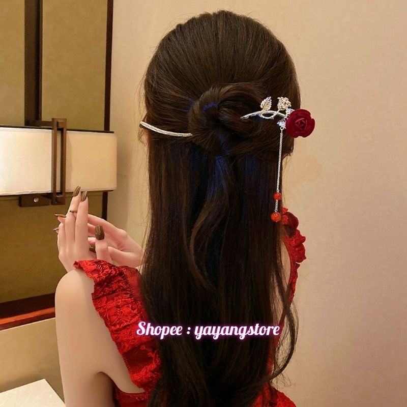 Tusuk Konde / Tusuk Sanggul / Hair Stick / Stik Rambut Merah / Stik Rambut Wanita Sanghai Sangjit Lamaran / Tusuk Konde Cheongsam Cina Merah