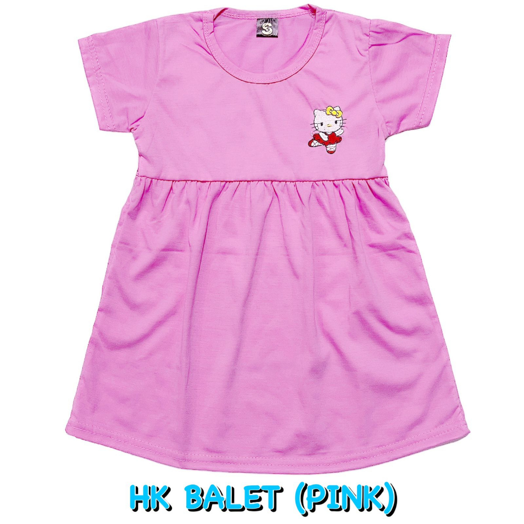 (1 KG MUAT 13 PCS) BAJU DRESS/DASTER ANAK KIDS PEREMPUAN/CEWEK BAHAN KAOS KATUN BORDIR PINK HK/KITTY