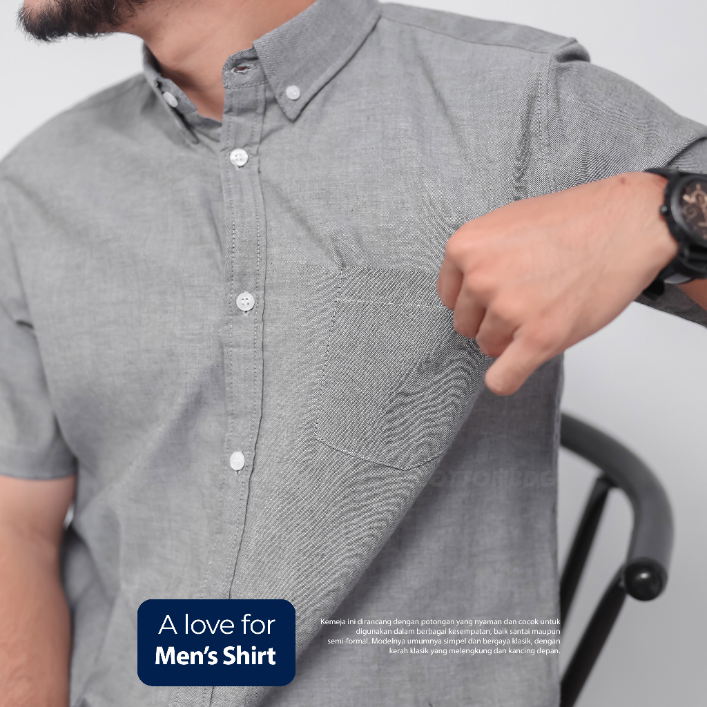 KEMEJA PRIA LENGAN PENDEK POLOS WARNA ABU MUDA GREY BAHAN OXFORD UKURAN S-XL ORGINAL