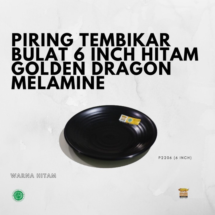 Piring Tembikar Bulat 6&quot; Hitam Melamine - Golden Dragon P2206A