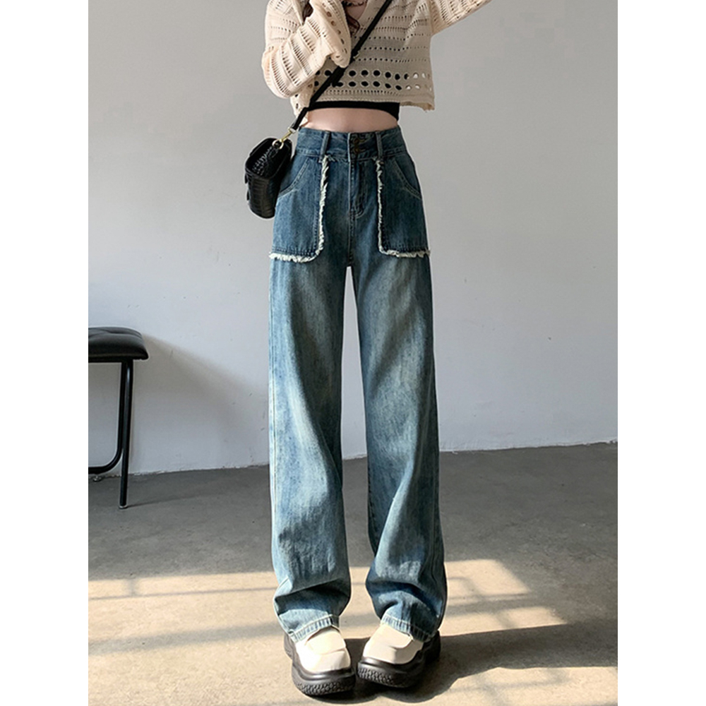 Korean Style Jins Celana high waist american retro loose causual jeans