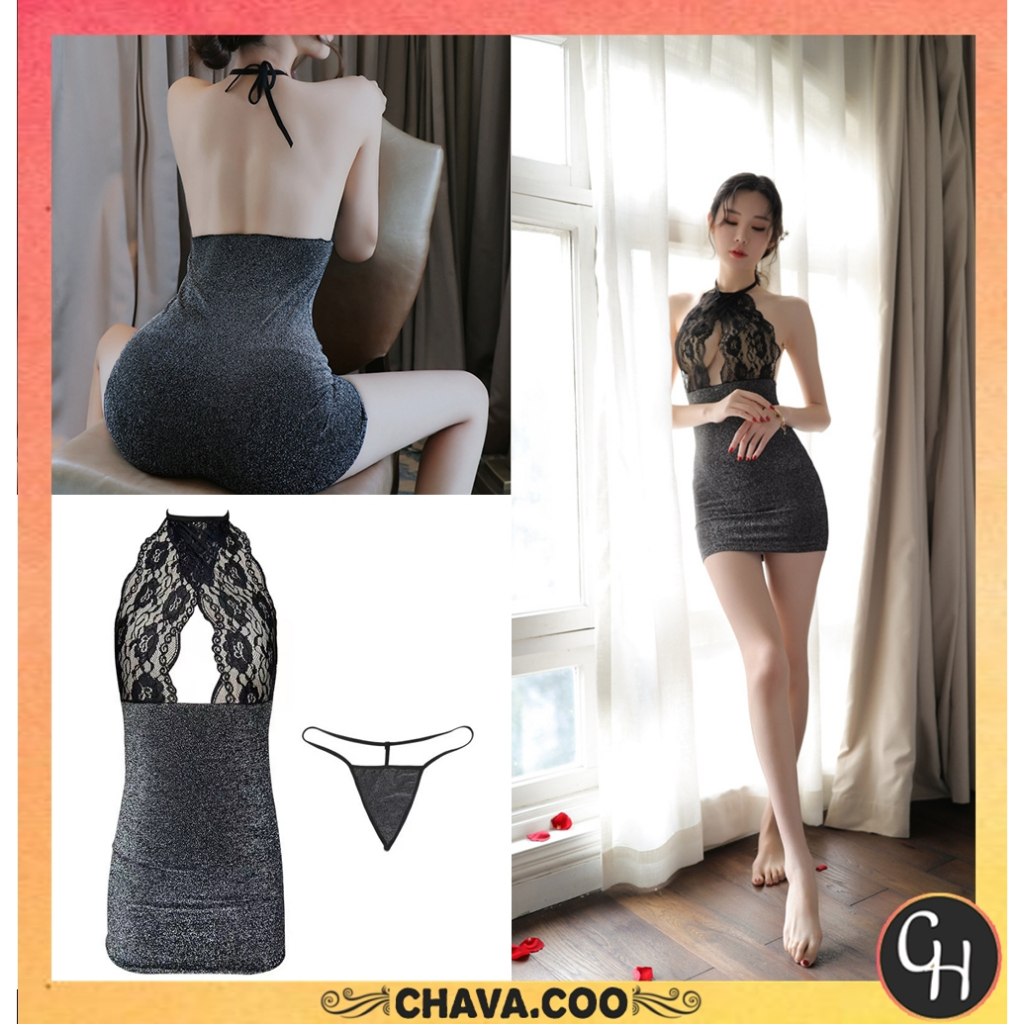 CHAVA | BT1191 Pakaian Lingerie Sexy Model Renda Leher Gantung Motif Eksotis G String Dress