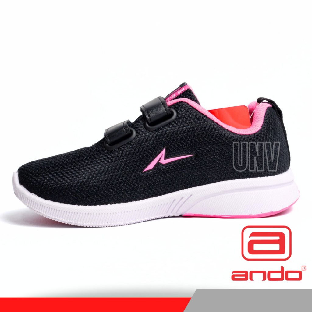 Sepatu Sekolah Anak Perempuan Ando Hitam Pink Perekat Usia 4 5 6 7 8 Tahun Sneakers Kets Olahraga PAUD TK SD Tanpa Tali