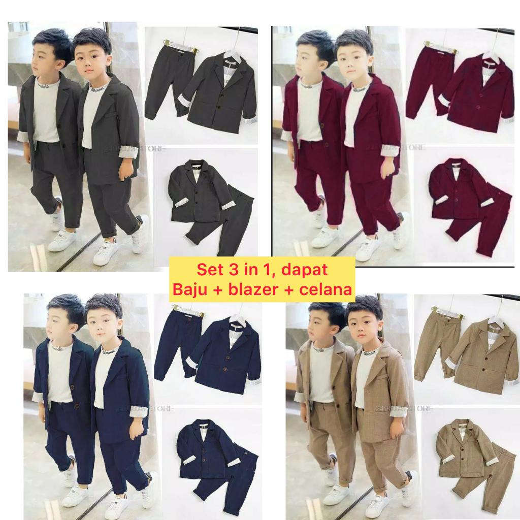 Baju Setelan Anak Laki Laki 3in1 (Dapat Baju + Jas + Celana) Baju Anak Laki Laki Korean Style Setela