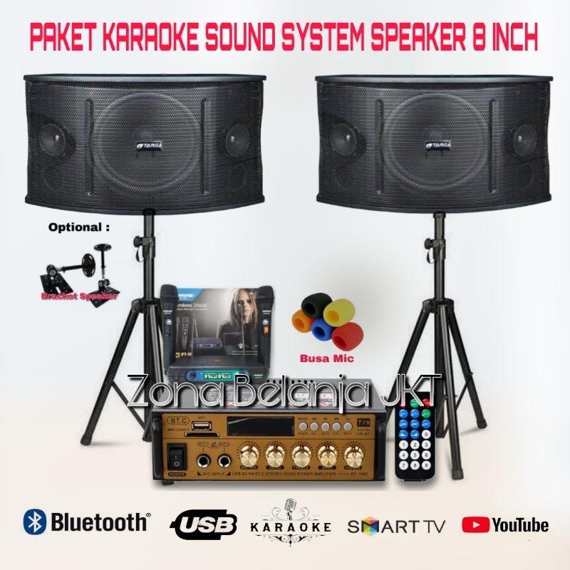 PAKET KARAOKE SOUND SYSTEM SPEAKER 8 INCH AMPLI USB BLUETOOTH MIC WIRELESS KARAOKE RUMAHAN SIAP PAKAI ( SET 2 )