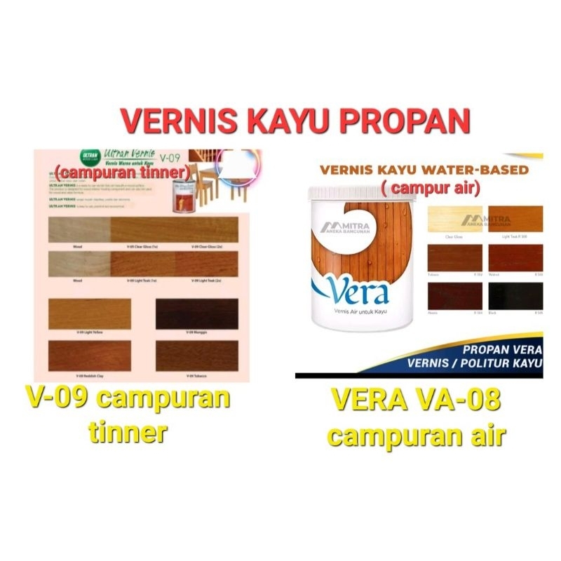 CAT PROPAN ULTRAN VERNIS V-09 (TINNER) &amp; VERA VA -08 (WATER BASED CAMPURAN AIR )CAT POLITUR PLISTUR KAYU WARNA CLEAR GLOSS (NATURAL)  DAN READY SEMUA WARNA ISI O,8KG