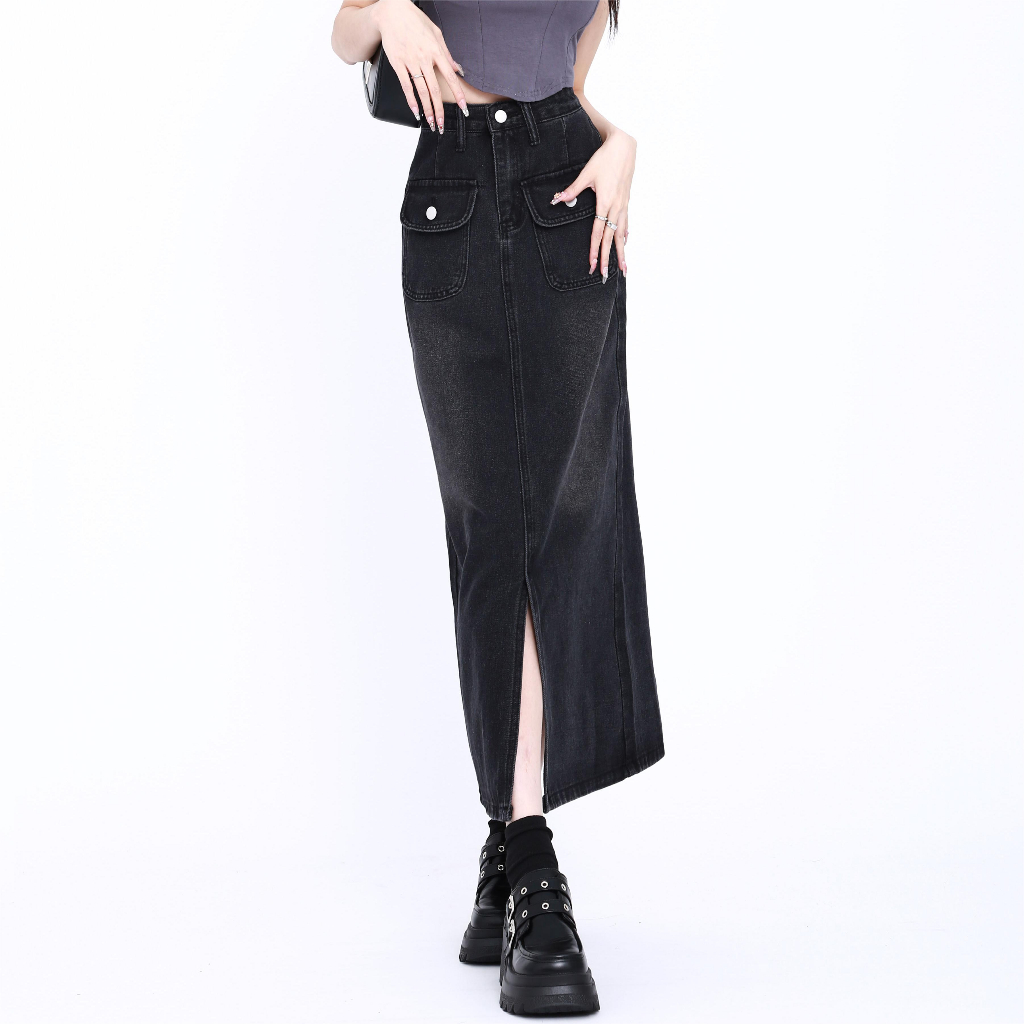 XIAOZHAINV Korean Style Denim Rok Panjang Wanita Skirts Setengah High Waist 0797