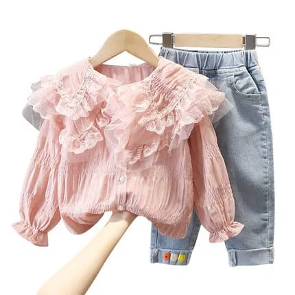 Baju anak perempuan satu set panjang Renda Pink ala korea lucu cantik usia 2-7 tahun