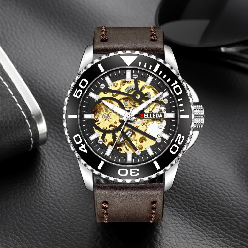 Jam Tangan Pria Belleda 9485 Tali Kulit Mesin Otomatis Anti Air 3Atm Original Watches