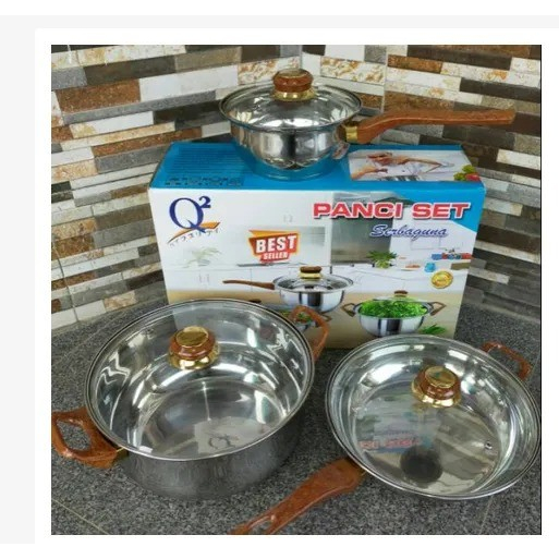 Q2 Cookware Panci Set Stainless Gagang Kayu Cookware Set Q2-7206