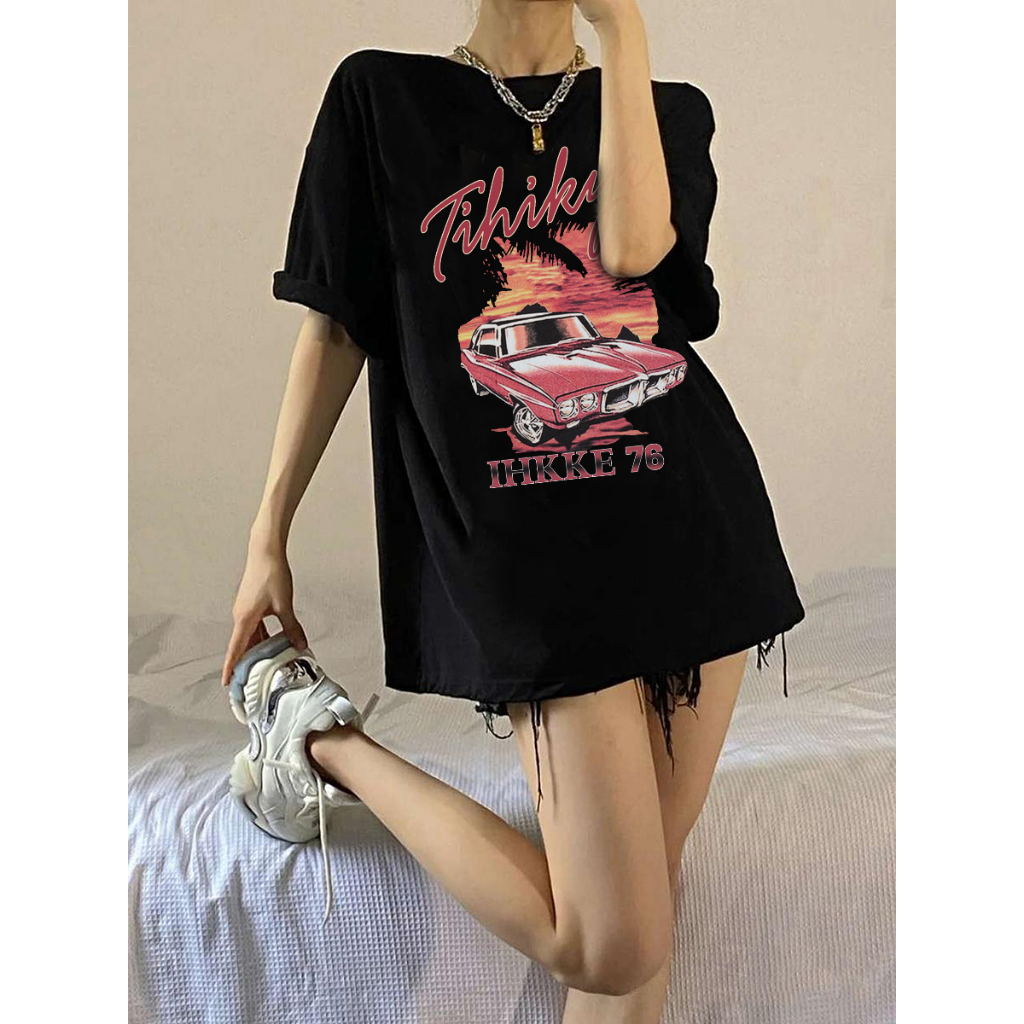 EUNII T-shirt Lengan Pendek Retro Racing Car Korean Style/Kaos Atasan Wanita/Baju Kaus Oversize Wanita/Kaos Wanita