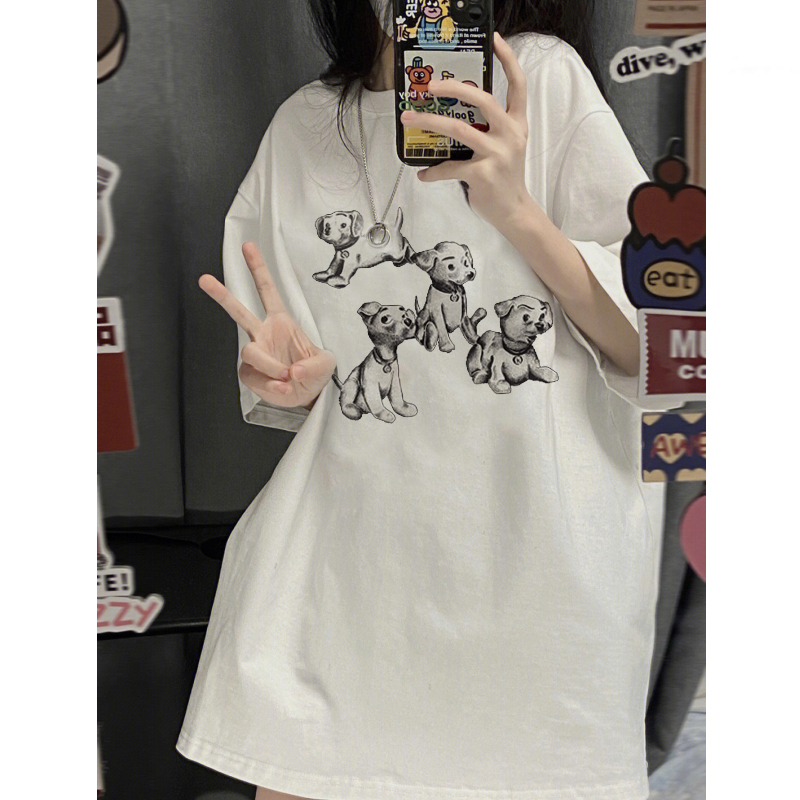 EUNII T-shirt Lengan Pendek Cartoon Dog Family Korean Style/Kaos Atasan Wanita/Baju Kaus Oversize Wanita/Kaos Wanita