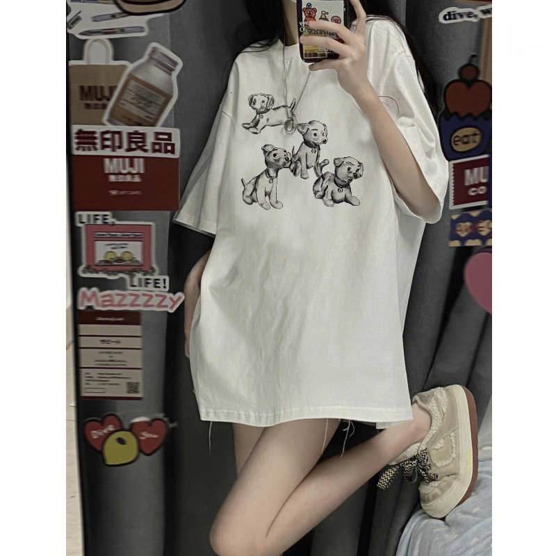 EUNII T-shirt Lengan Pendek Cartoon Dog Family Korean Style/Kaos Atasan Wanita/Baju Kaus Oversize Wanita/Kaos Wanita