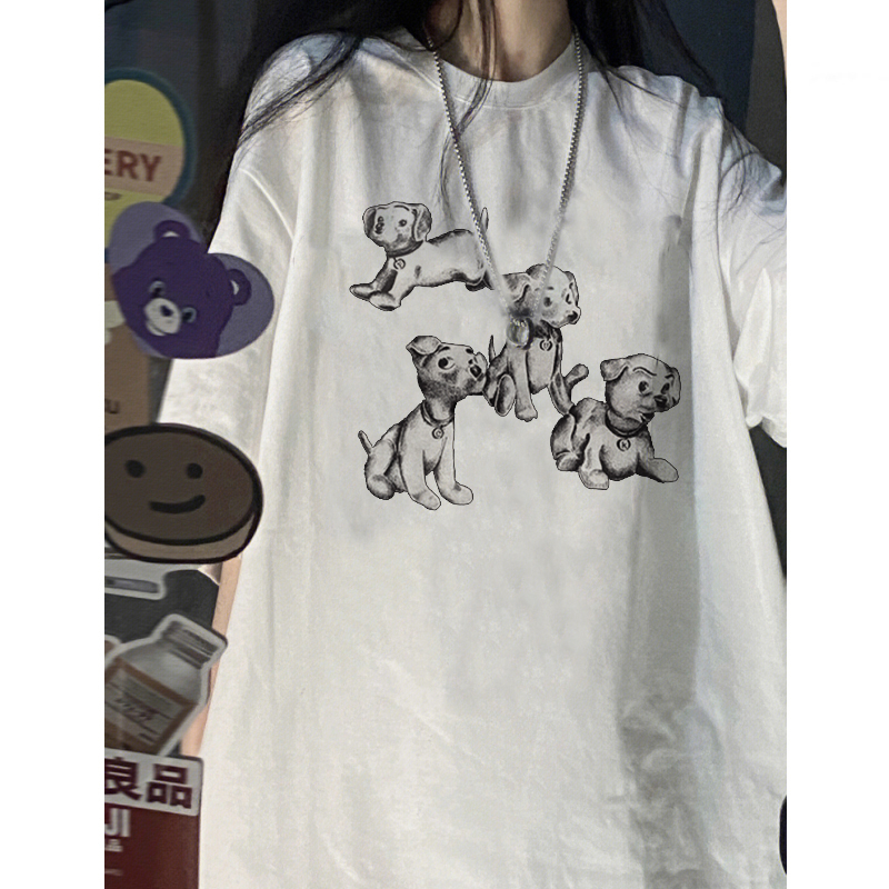 EUNII T-shirt Lengan Pendek Cartoon Dog Family Korean Style/Kaos Atasan Wanita/Baju Kaus Oversize Wanita/Kaos Wanita