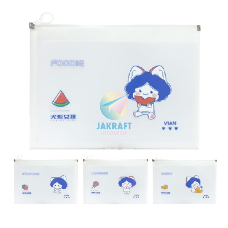 

(1 Pack) Map A4 Zipper Document Bag Plastik Doff Doft Matte Rahasia Lucu Tebal +Tulang LBD-0115