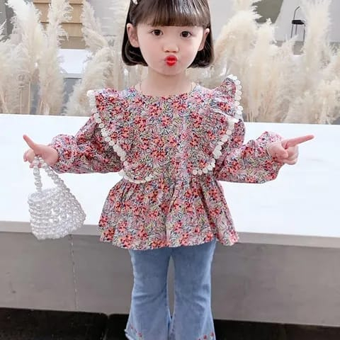 Setelan baju anak perempuan motif FLORAL RED ala korea impor / one set anak lucu