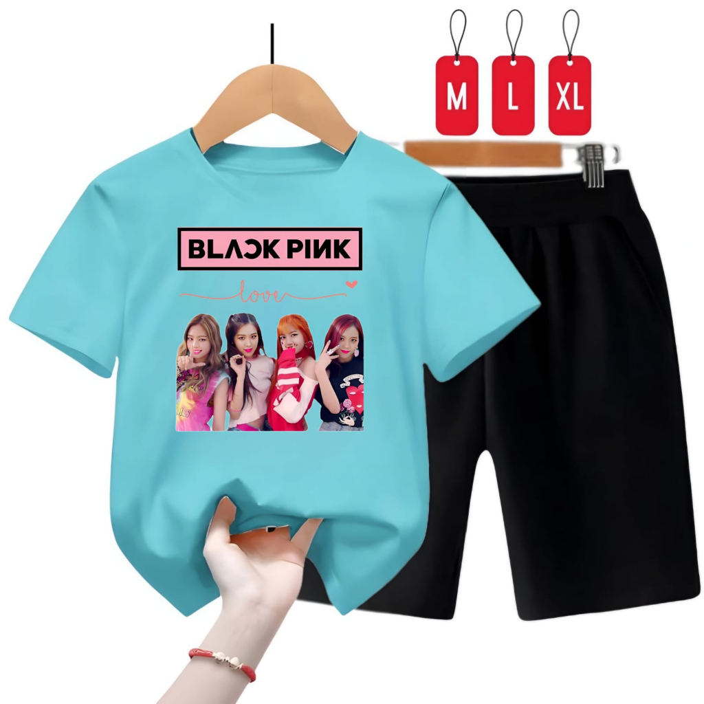 Hzl_outfit Setelan Kaos Celana Anak BLK pink Love M.L.XL