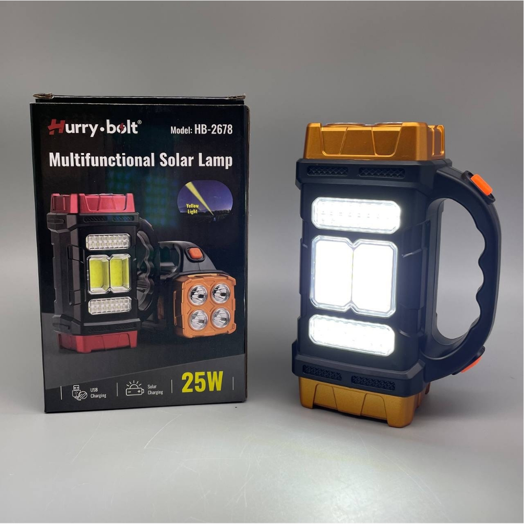 Senter LED tangan surya multifungsi, 25W (HB-2678) | Senter LED Super Terang Multifungsi Jarak Jauh Tenaga Surya/Pengisian Daya USB Bisa Power Bank | Hurry Bolt HB-2678 Senter Multifungsi | FMS