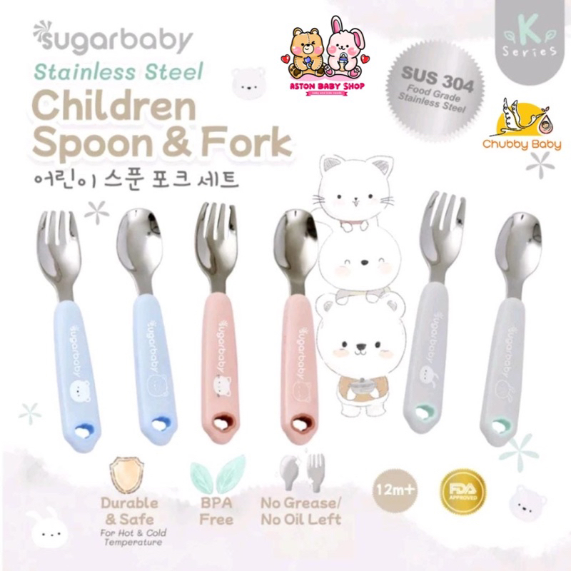 Sugarbaby Stainless Steel Children Spoon &amp; Fork Sugar Baby Spoon &amp; Fork Set Sendok Garpu Anak