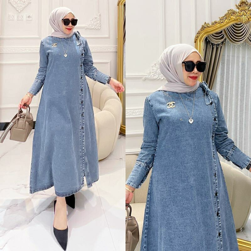 GAMIS TERBARU SYAFINA DRESS WD BAHAN JEANS LD 100 - 120 CM PB 120 P TGN 55 GAMIS WANITA TERBARU 2023 KEKINIAN / MAXY DRESS WANITA JUMBO / DRESS WANITA MUSLIM MODERN