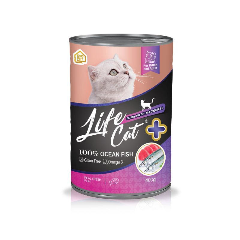 (12 pcs) Life cat kaleng PLUS 400gr - makanan kucing basah kaleng - tuna with mackerel