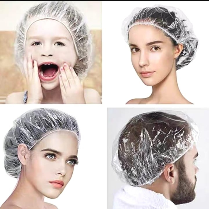 Shower Cap SATUAN Plastik Penutup Kepala Keramas Mandi Shower Menjaga Rambut Kering Bath Pewarna Plastic Ekonomis Kantong Hotel Spa Salon Perlengkapan Peralatan Sallon Bening Nurse Cap Tutup Tudung Head Cover Anti Air Water Murah Termurah Toko Tri Tunggal