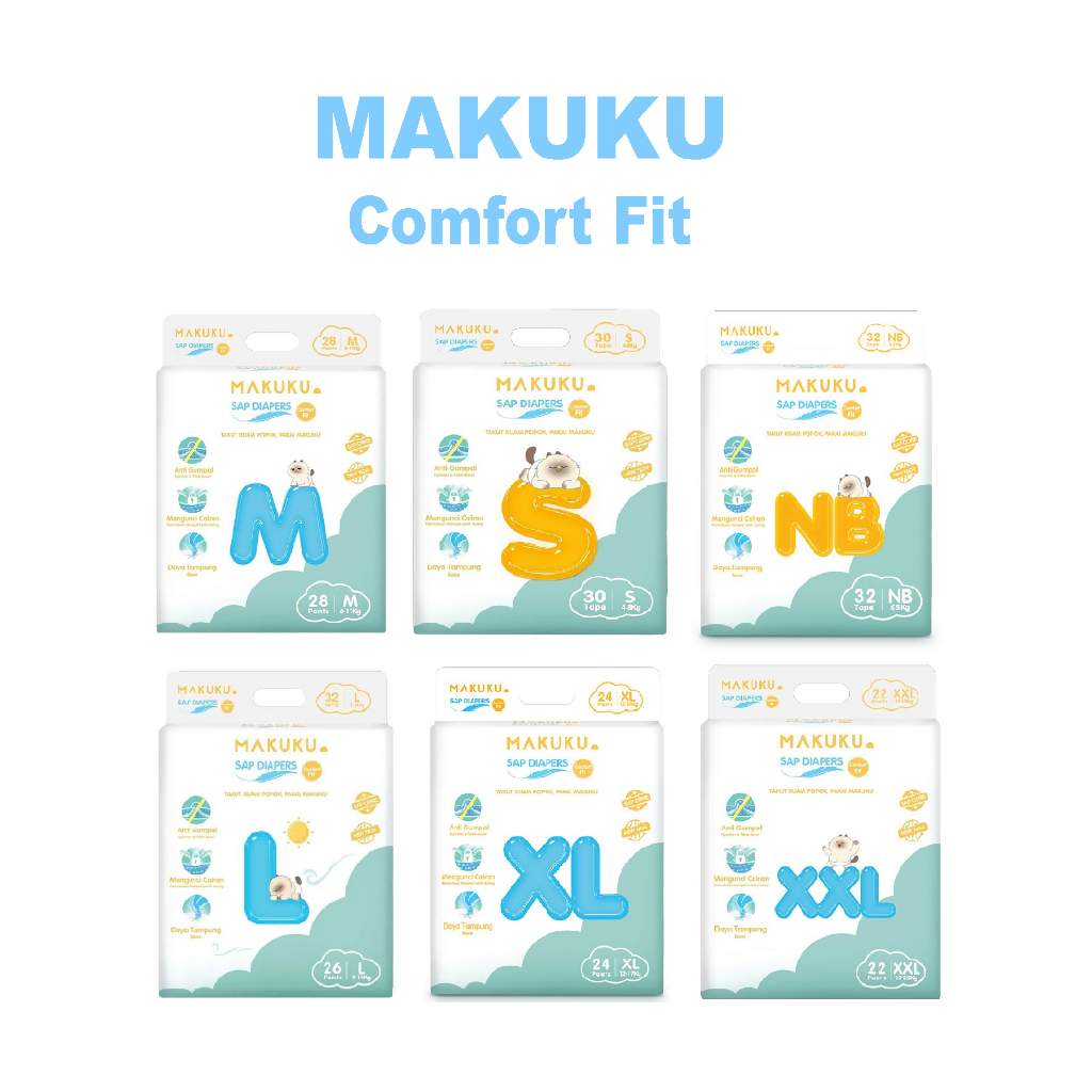 MAKUKU SAP Diapers Comfort Fit Tipe Perekat/Celana NB-32 / S-30 / M-28 / L-26 / XL- 24 / XXL- 22 - Popok Bayi Tipis