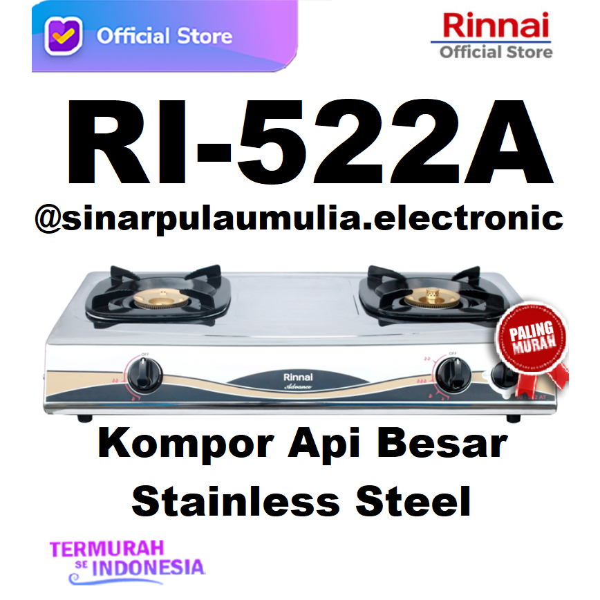Rinnai Kompor Gas 2 Tungku Api Besar Stainless - RI-522A / RI 522 A / RI522A / RI522 A / RI 522A