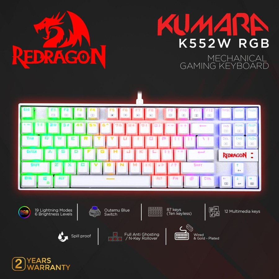 Redragon Kumara White K552W RGB - TKL Mechanical Gaming Keyboard