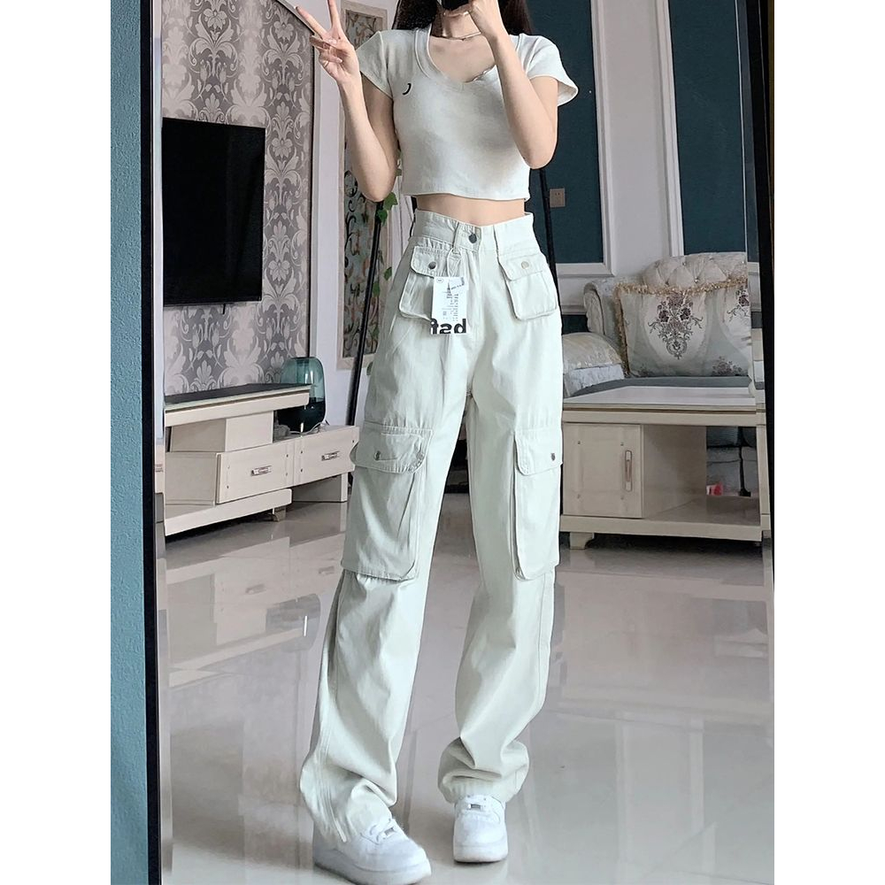 ✅COD LULU Premium Putih Krem New Highwaist Cargo Celana Jeans