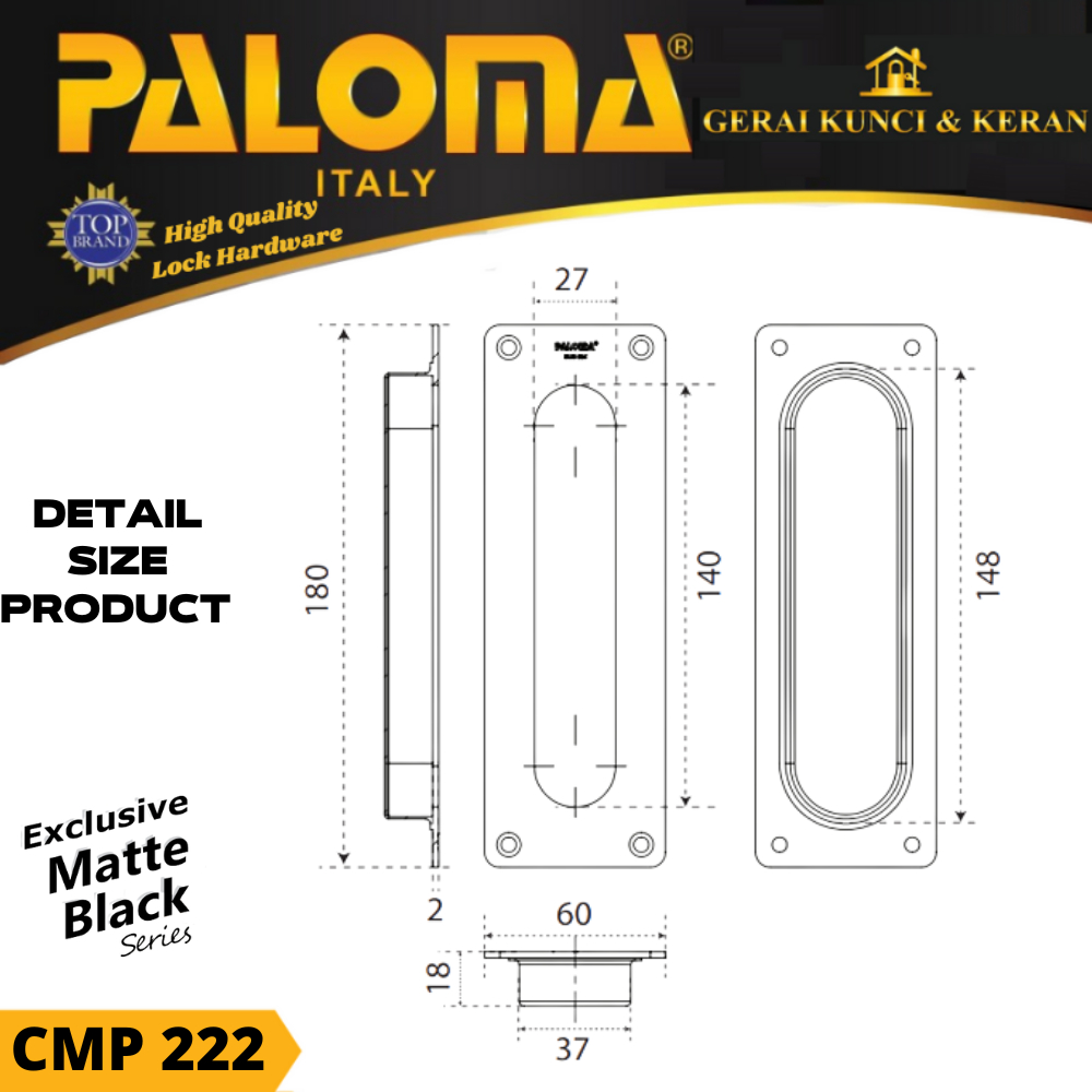 PALOMA CMP 222 COMEN SQUARE 18CM HANDLE PINTU SLIDING HITAM BLACK MATT