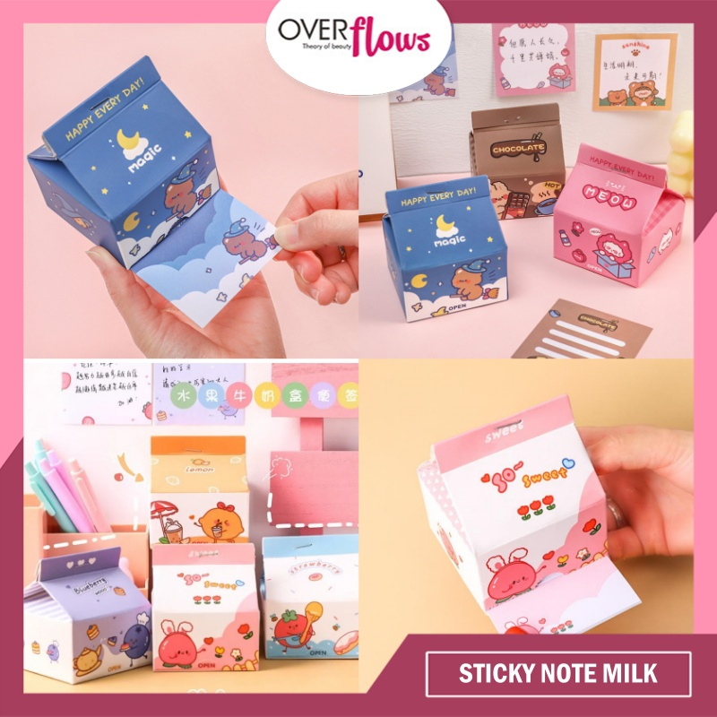 OVERFLOWS.ID STICKY NOTE MEMO PAD NOTE PAD BENTUK KOTAK SUSU LUCU ISI 200 LEMBAR MURAH