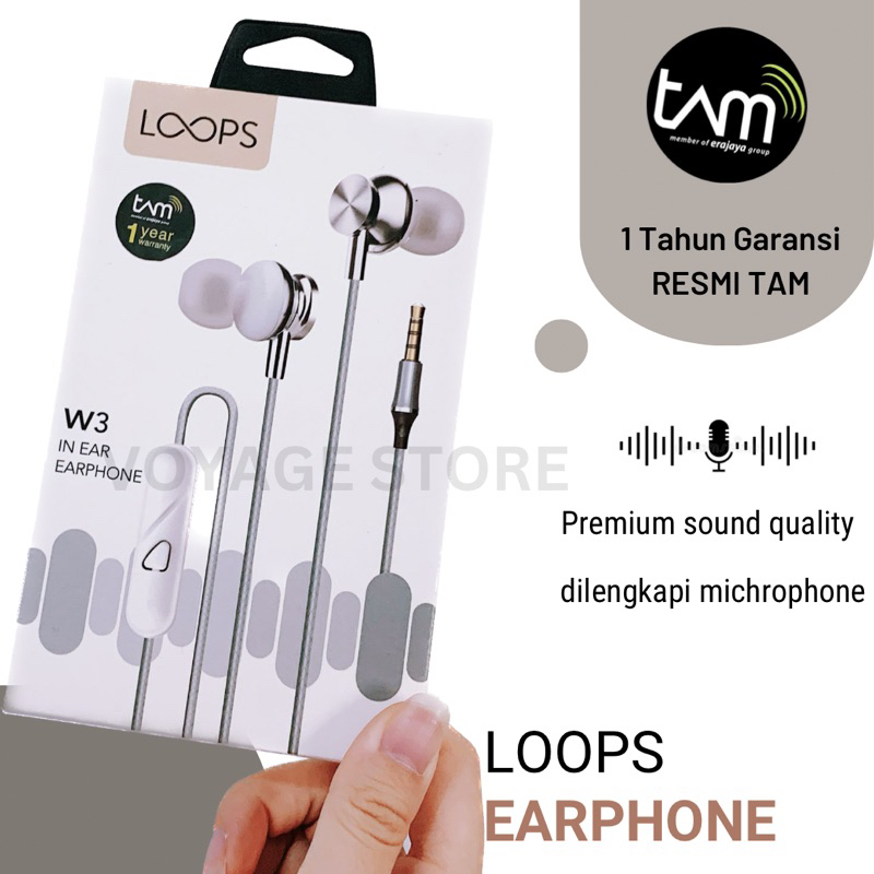 GARANSI TAM 1 Tahun Earphone Loops Original headset kabel bass 3.5mm AUX W3 Microphone Premium quality audio Hifi TWS earbuds airpods