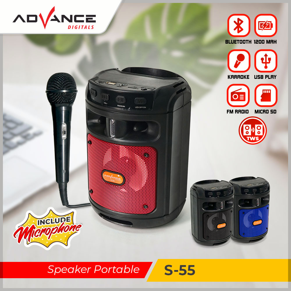 【Free MIC】 Advance Speaker Bluetooth  S-55 Portable Free Mic Karaoke/Salon Aktif Radio Fm Box Music/Speaker Aktif Garansi Resmi 1 Tahun