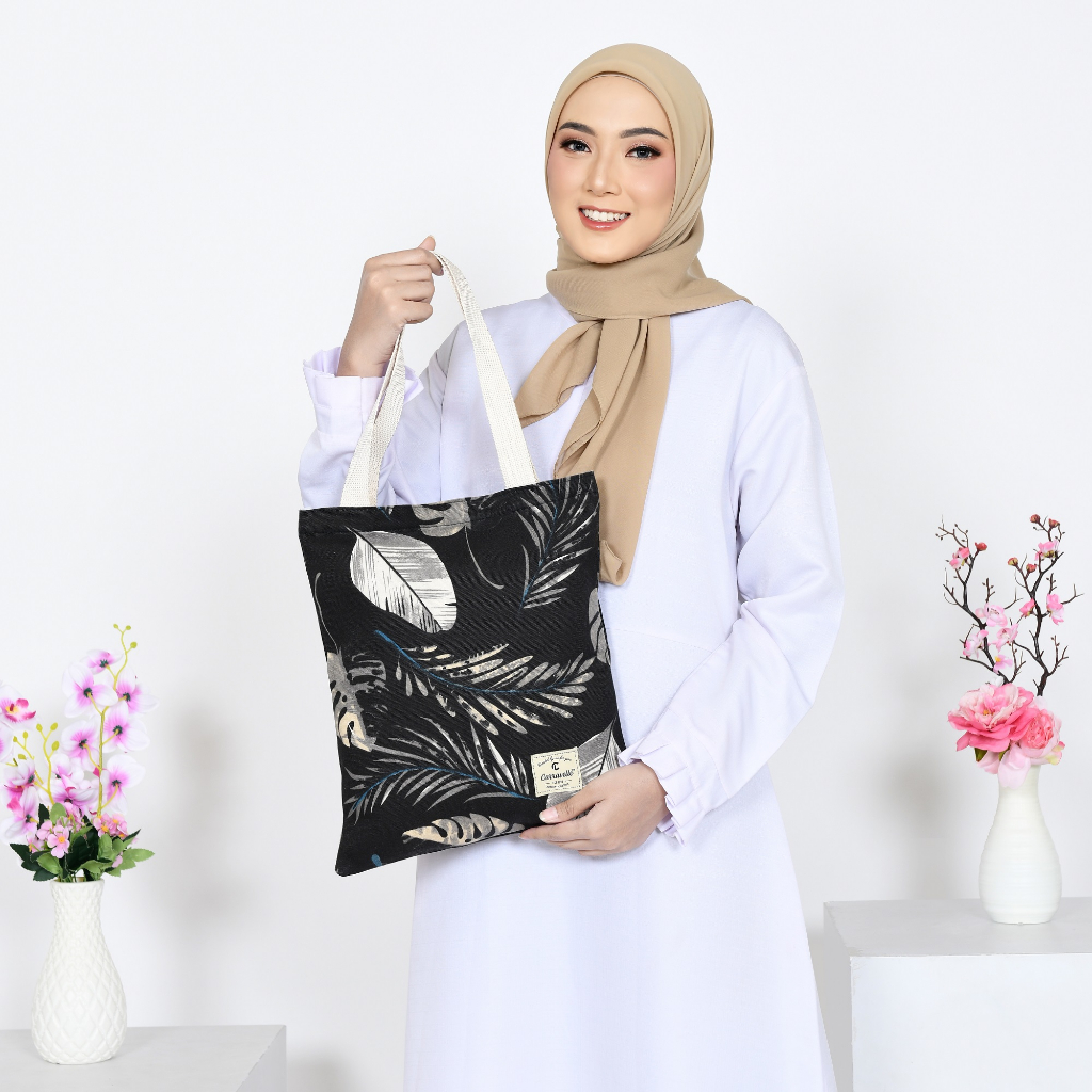 Tas Tote Bag Aesthetic Resleting Kuliah Wanita Kekinian bahan kanvas Polos dan Canvas motif bisa custom sablon untuk seminar souvenir gift dll