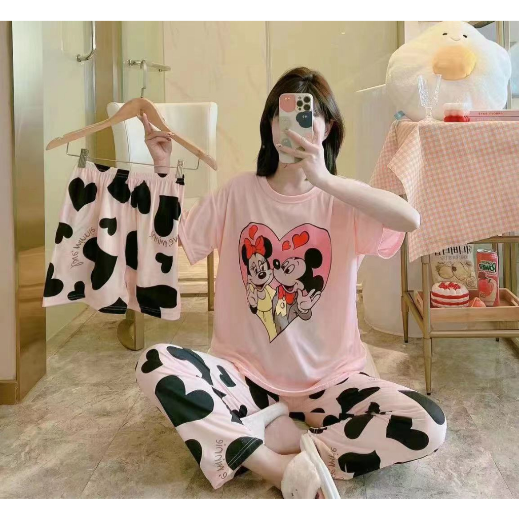 (Hello Girl)SY06 Set Piyama  Baju Tidur Wanita 3IN1 Motif Kartun Gaya Korea  Import