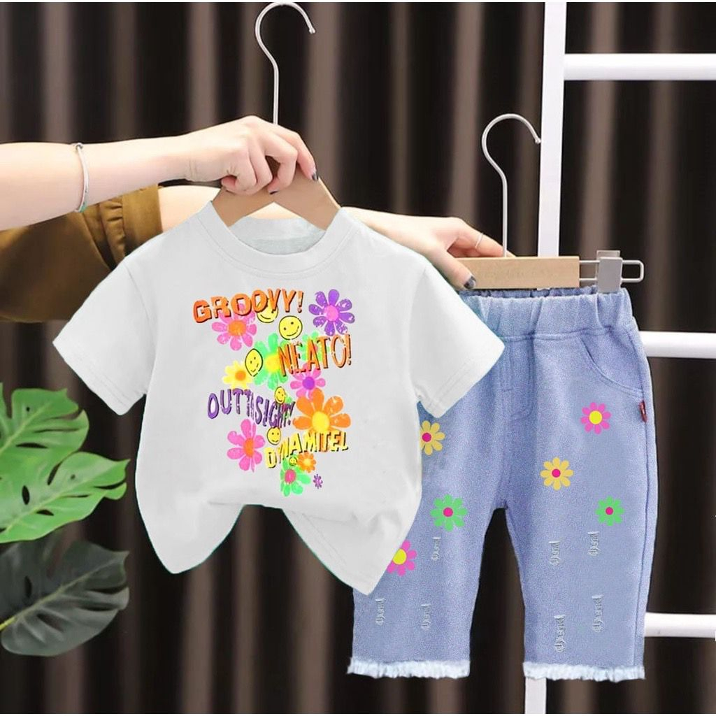 SETELAN BAJU KAOS ANAK PEREMPUAN MOTIF BUNGA LUCU DAN CELANA JEANS PANJANG ANAK IMPORT USIA 1-5 TAHUN SET BUNGA DENIM / OUTFID FASHION BAYI PEREMPUAN KECE DAN KEKINIAN