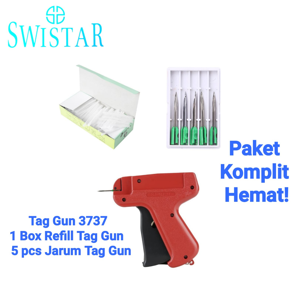

(Tag Gun + 1 Box Refill Tag Pin + 5 Pcs Jarum) Paket Hemat Alat Tembak Label Merk / Laundry