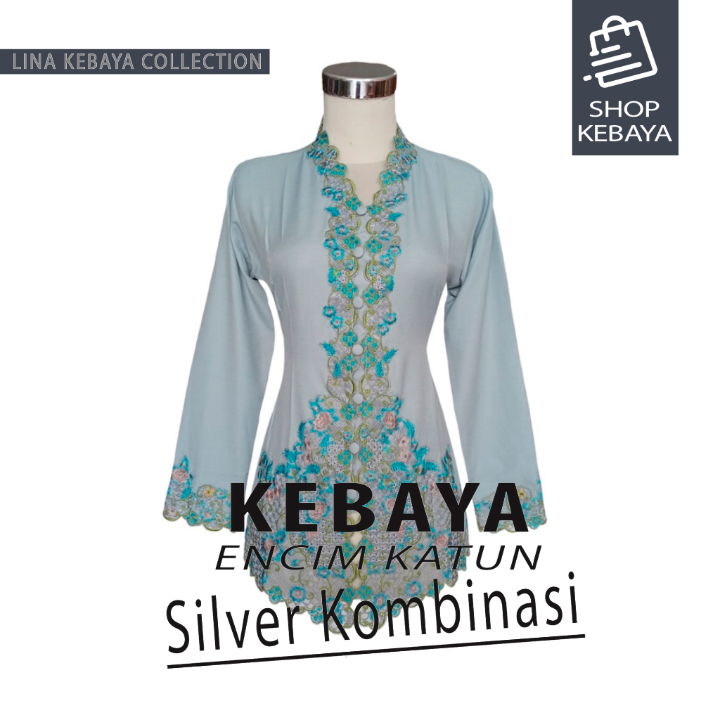 Kebaya Encim Kartini Katun Bordir Modern Abu Kombinasi Lengan Panjang Bigsize Jumbo