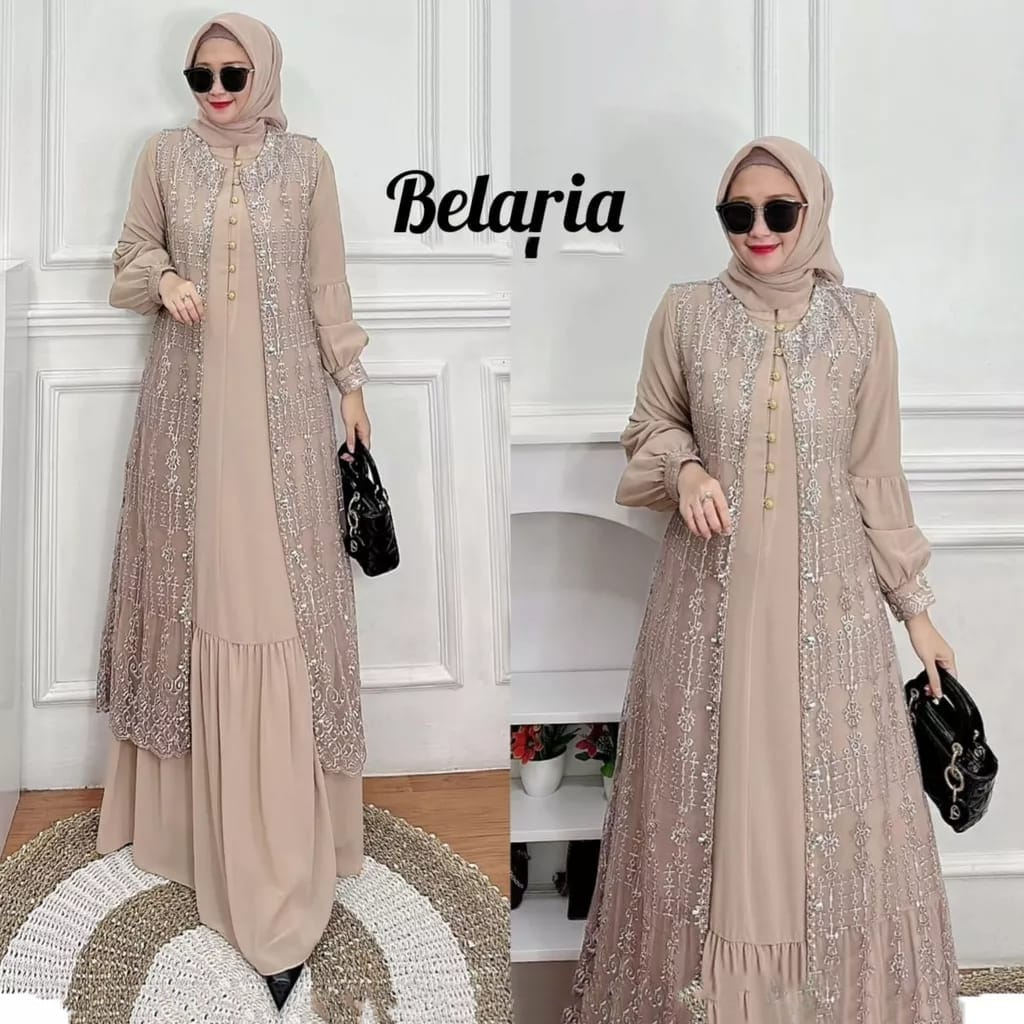 Belaria dress Gamis mewah kondangan bahan shimmer aplikasi mutiara Fashion muslim perempuan gamis terbaru 2024 davira dress