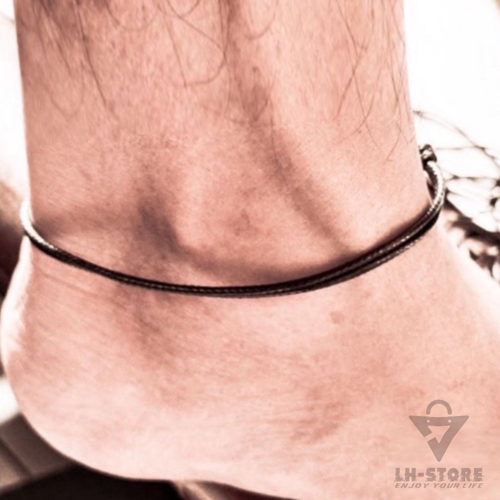 GELANG KAKI TALI KULIT HITAM POLOS PRIA &amp; WANITA BISA DI TARIK ULUR