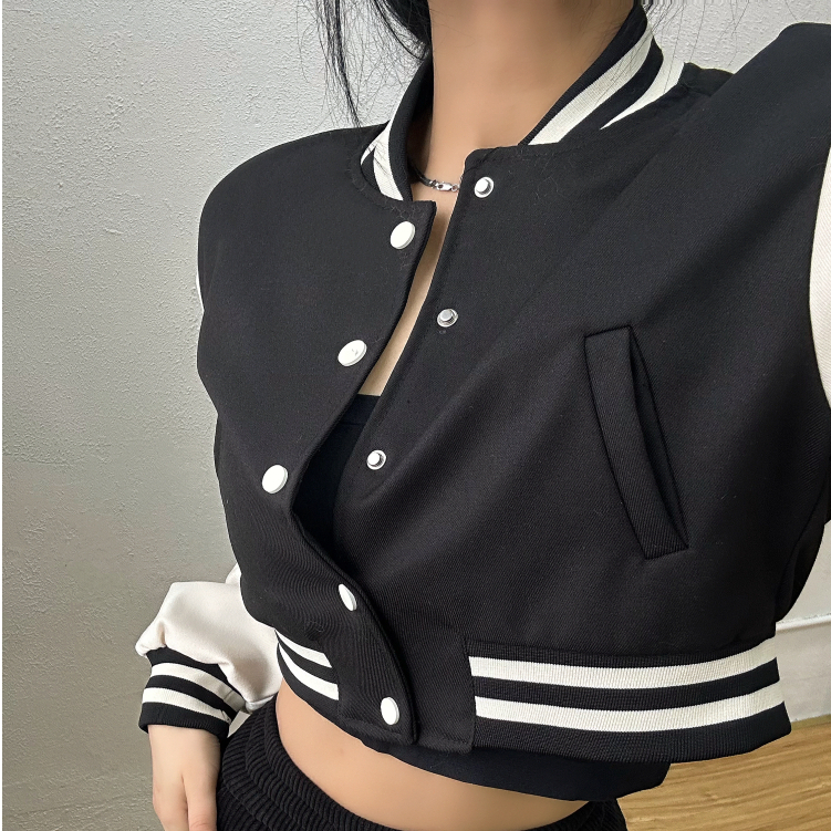 2 warna Korean Style jaket baseball wanita oversize Crop Kotak-kotak Jaket