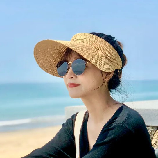 Topi Visor Matahari Lipat Topi Kertas Visor Jerami PortabelTopi Kertas Dapat Dilipat Cream
